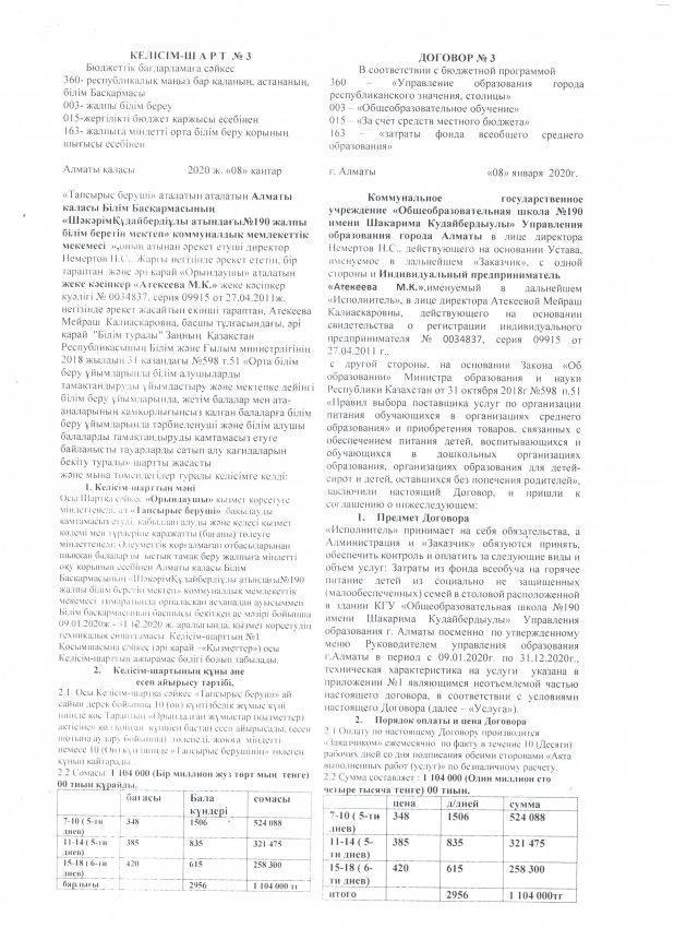 2020 жылға арналған тамақтану шарты