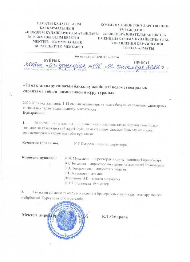 Тамақтандыру сапасын бақылау жөніндегі комиссиясын құру туралы бұйрық